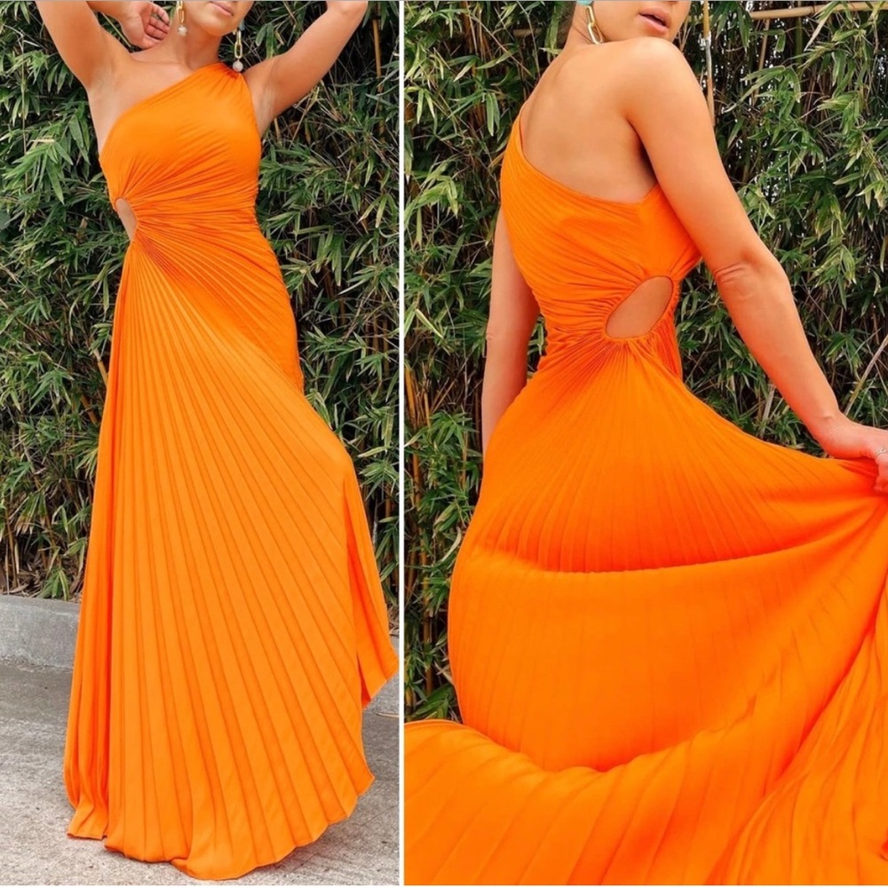A.L.C. One-Shoulder Orange Pleated Cutout Maxi Dress
